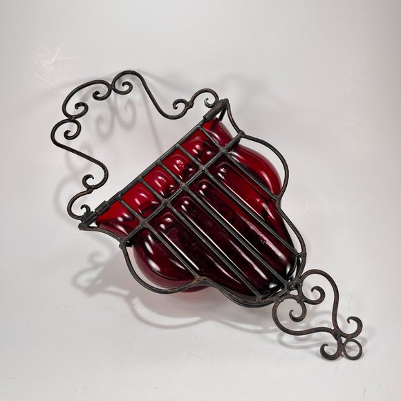 Gothic Caged Ruby Red Glass Wall Hang Planter VTG - Picture 7 of 16